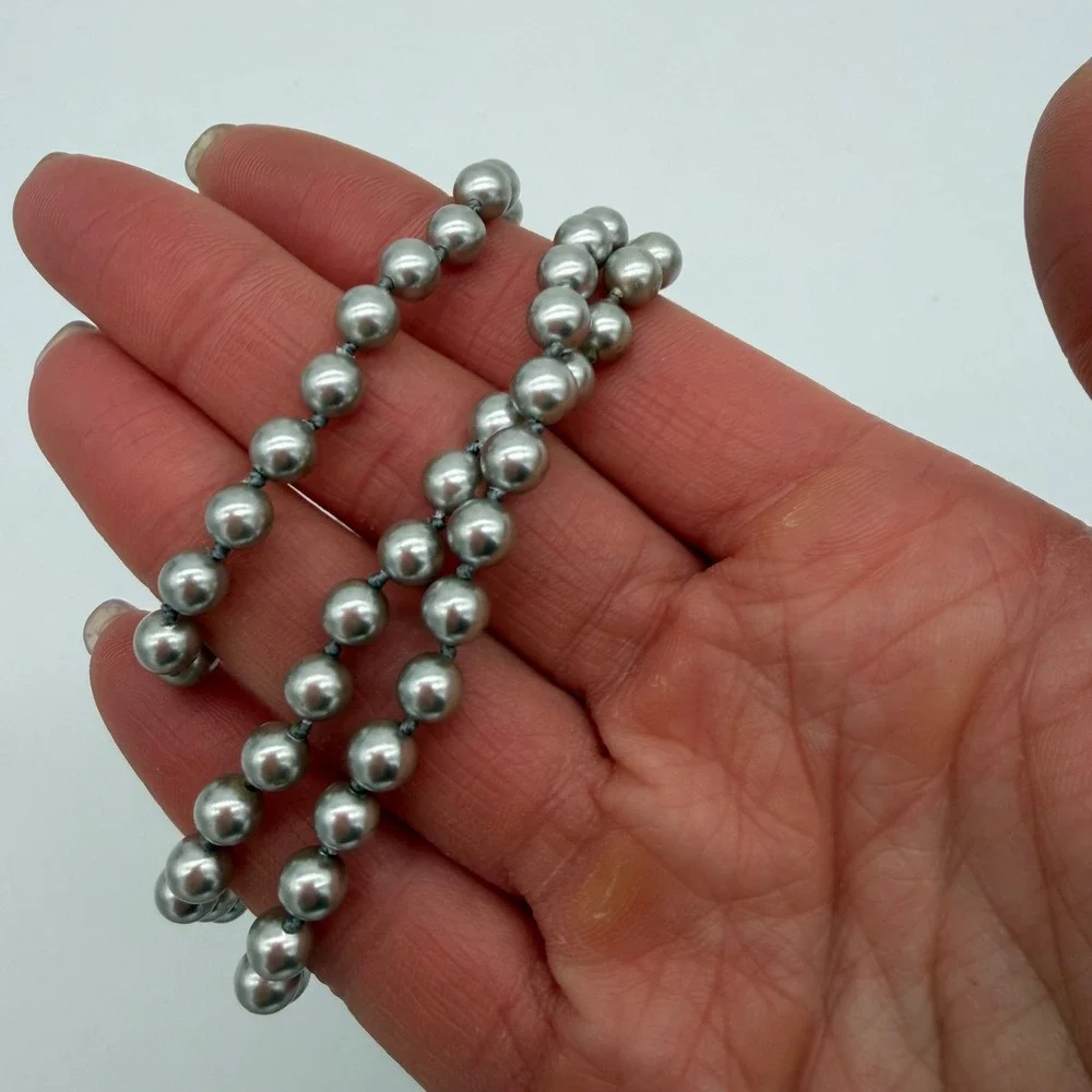 Vintage‎ Monet Gray Pearl Necklace & Bracelet Set Knotted Signed Silver Tone